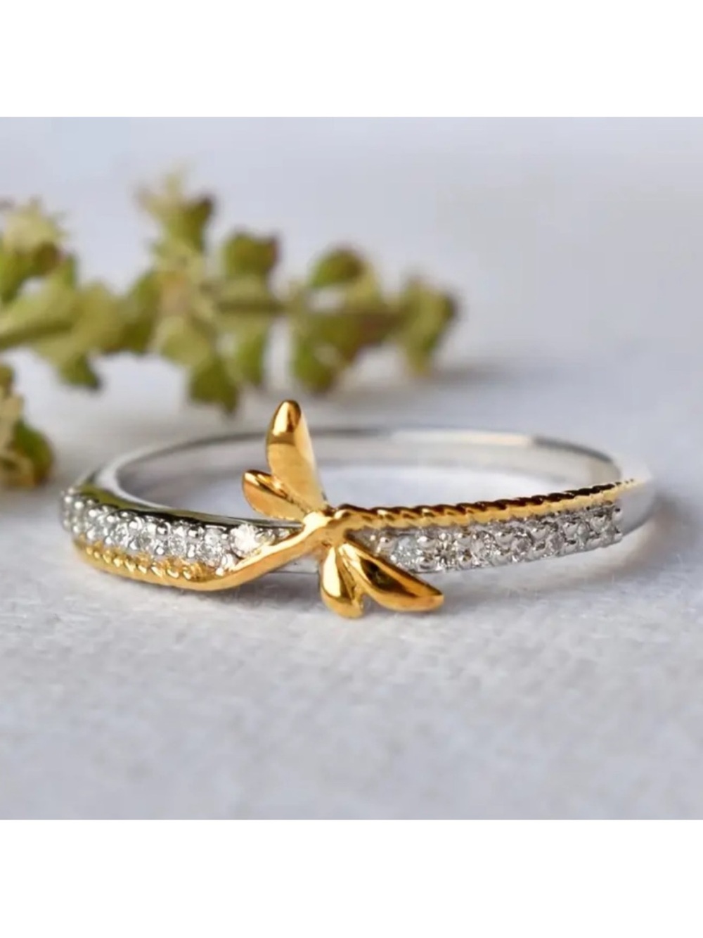 Gold & Silver Dragonfly Pavé Ring - Women Jewelry